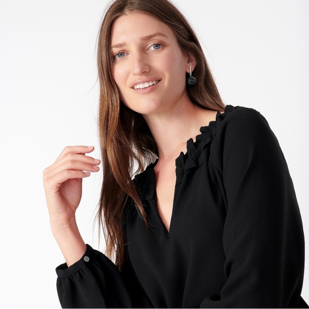 J Crew Drapey V-Neck Ruffle Neck Top in Wrinkle Resistant Black 365 Crepe Size L